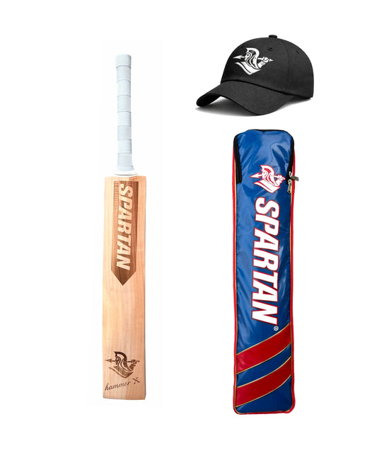 Spartan Hammer X Engraved Kashmir Willow Cricket Bat Full Size | Lightweight Hard Tennis & Leather Ball Bat | Thick Edges | Free Spartan Cap & Bat Cover